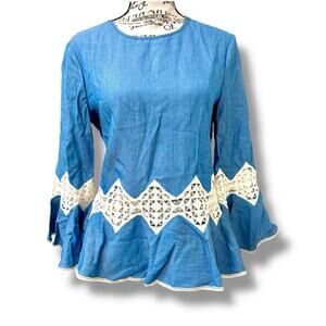 Jonathan Simkhai Size XS Blue Lace Embellished Blouse Top Cottage Peasant